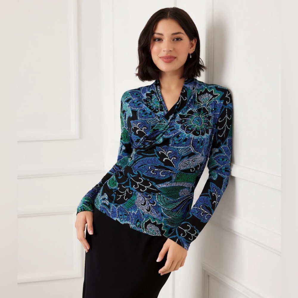 Karen Kane Floral Drape Blouse in Black, Red, and Cream